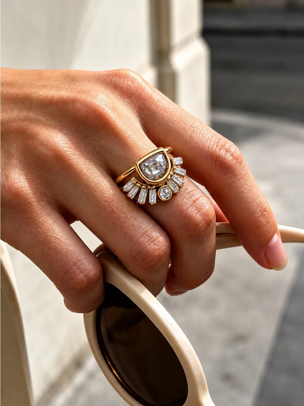 Gold plated Sunburst Crystal Ring Set